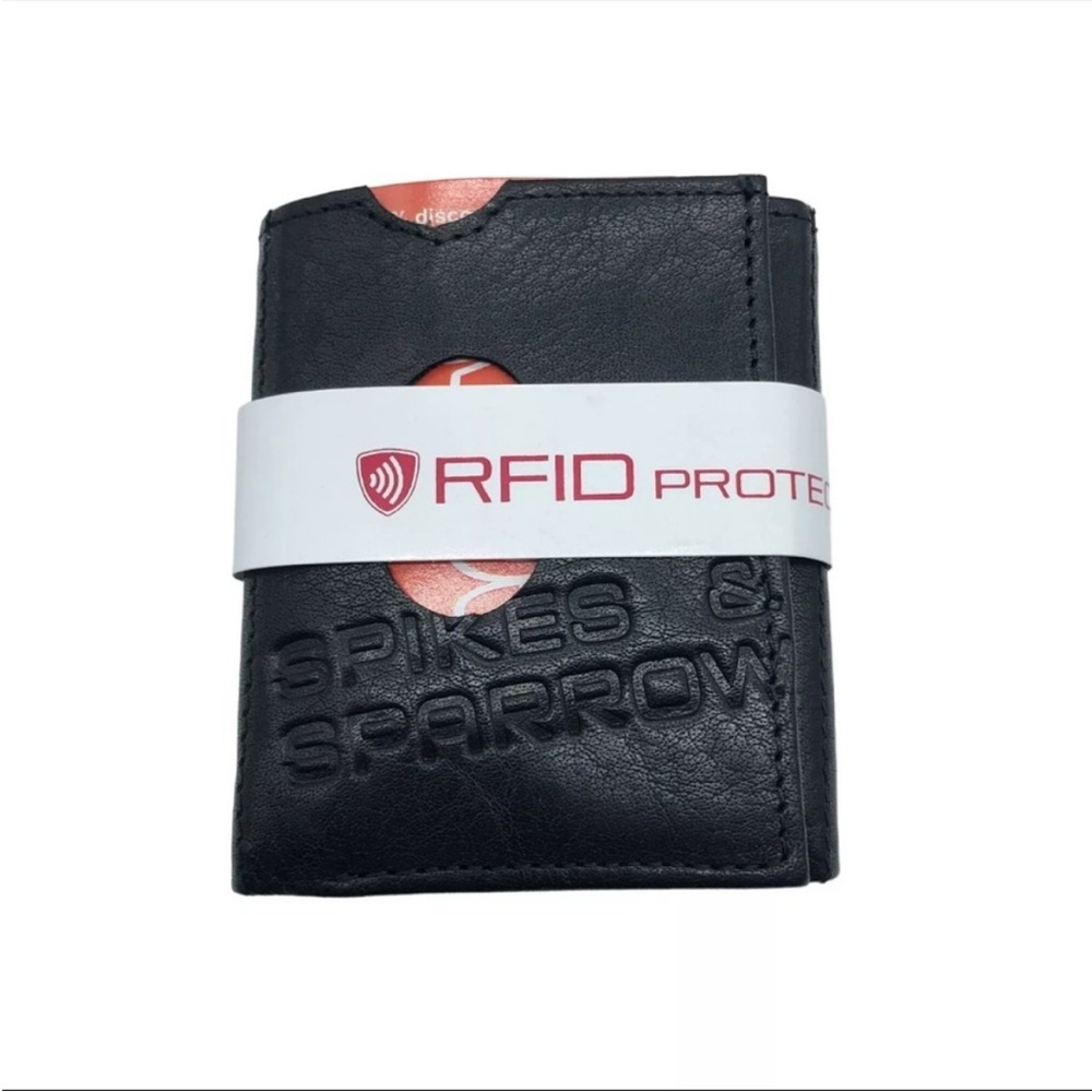 Spikes & Sparrow Black Leather Trifold RFID Blocking Wallet NIB Men’s Compact - Picture 2 of 8